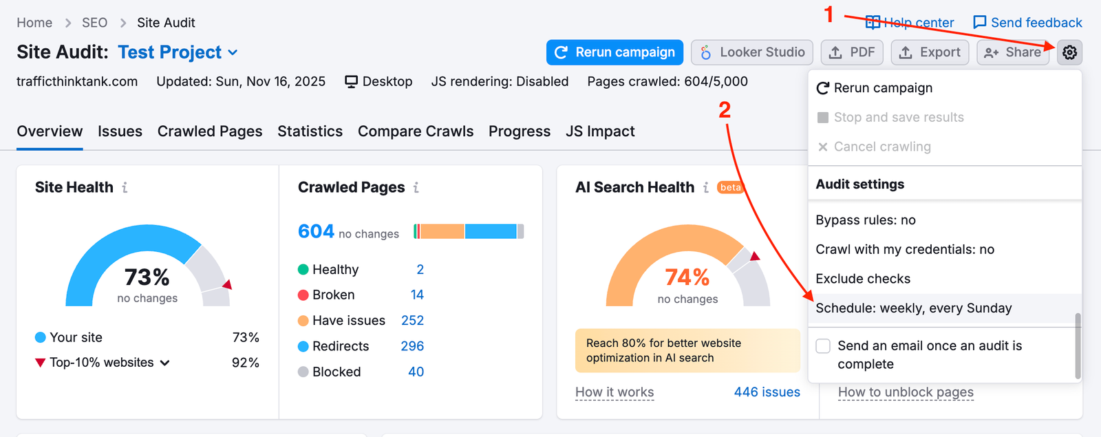 Where to find schedule parameters in the Site Audit settings menu.
