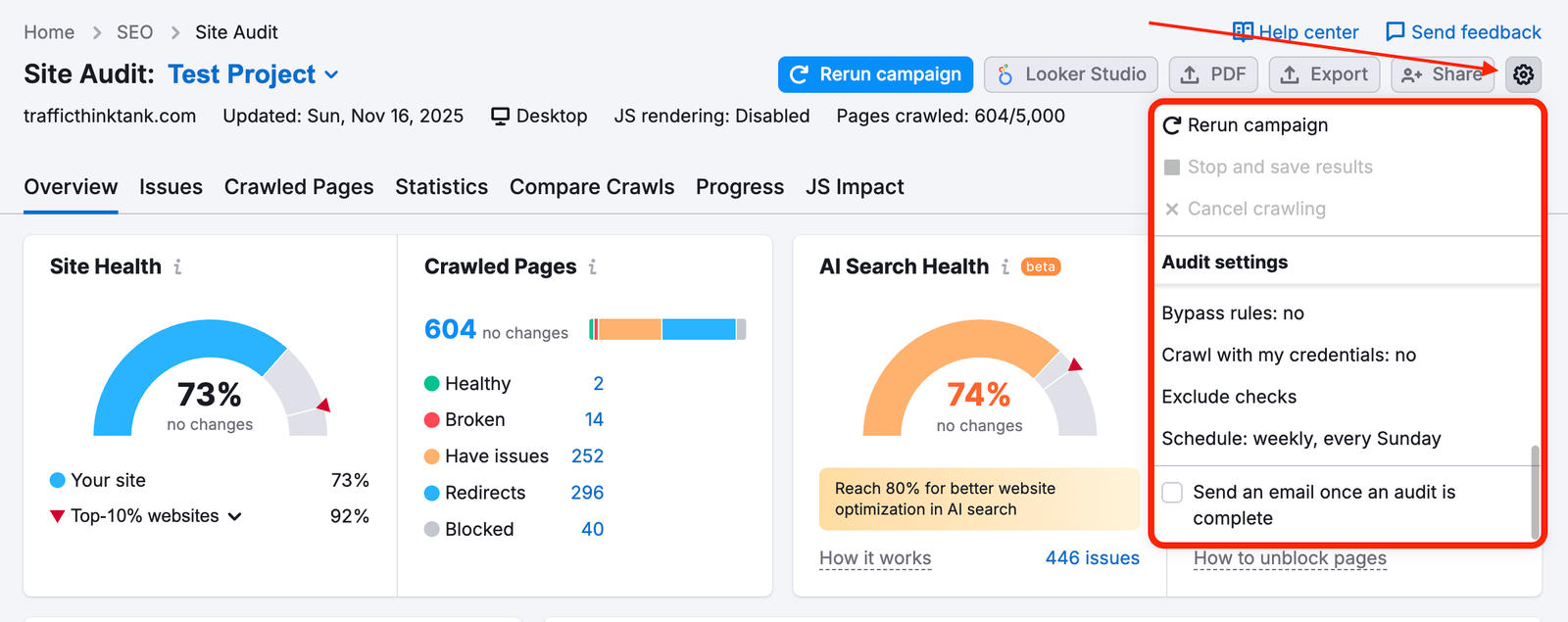 Where to find the settings in Site Audit.