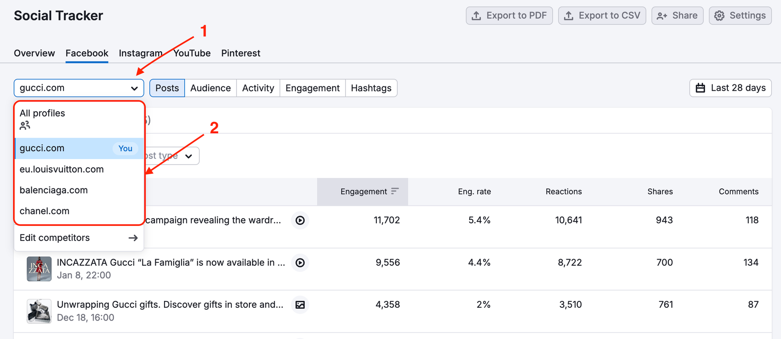 The Social Tracker Facebook report open with two red arrows&mdash;one pointing to the drop-down menu in the top-left corner of the report, where you can select the company, and the second pointing to the available options in the drop-down.