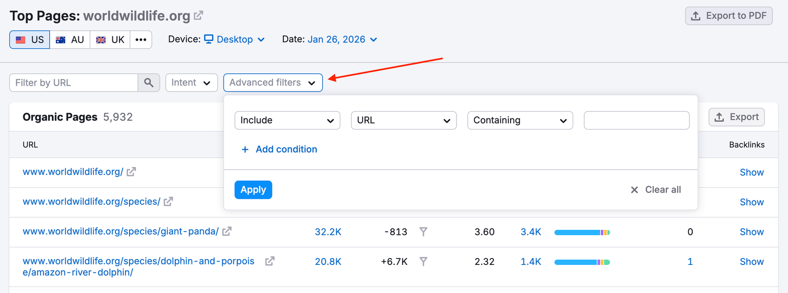 An example of the Advanced filters menu.