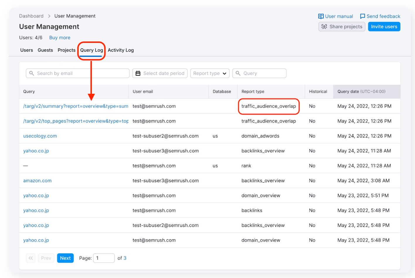 Example of the Query Log where the query and report type is highlighted. 